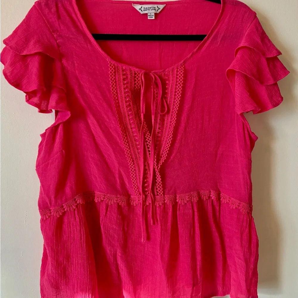 Nanette Lepore Hot Pink Ruffle Sleeve Tie Front Blouse Top Boho Coquette L - Picture 2 of 9